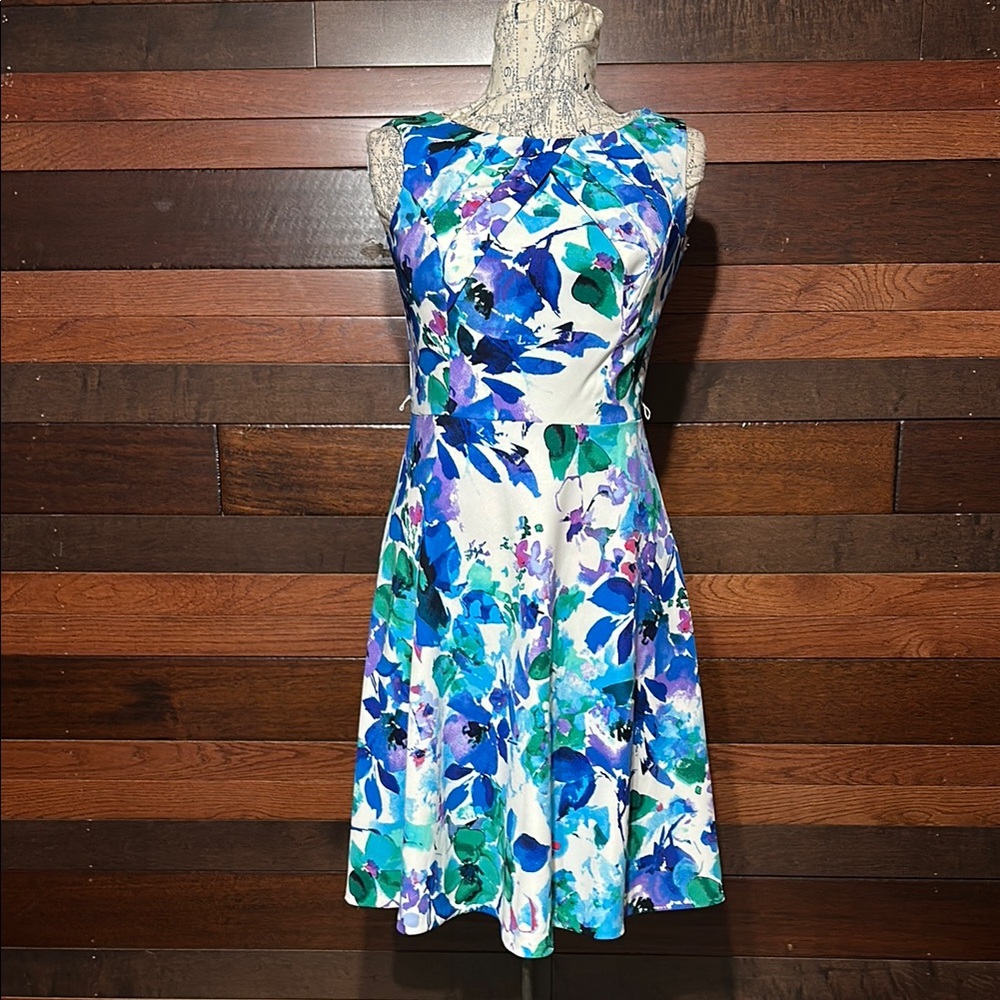 DressBarn Crew Neck Floral Midi Dress in Blue and Green